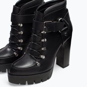 Zara Black Chunky Platform Lace-Up Ankle Boots with Buckle